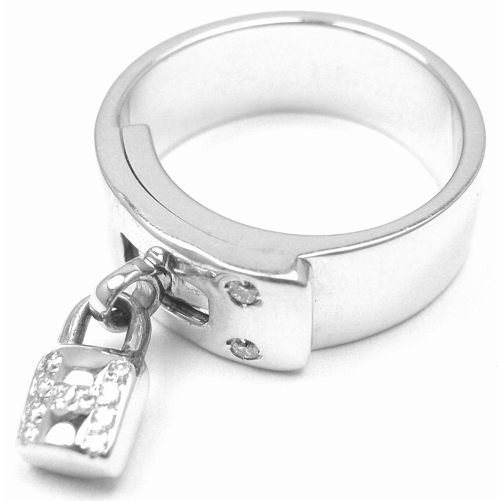 Authentic! Hermes 18k White Gold Diamond "H" Lock Band Ring Size 5​